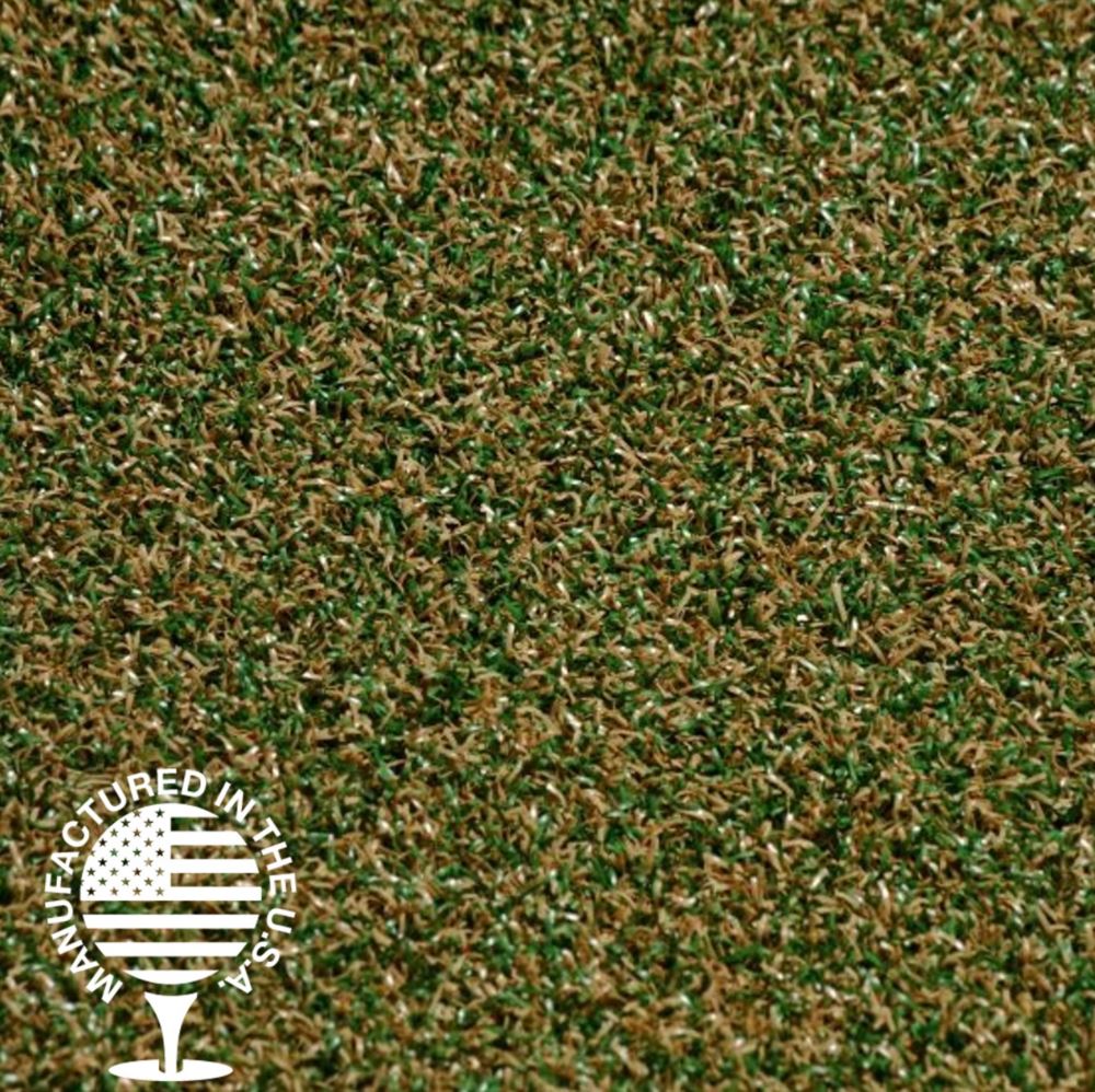 Artificial grass with brown and green fibers with a logo that says Manufactured in the USA Artificial grass with brown and green fibers with a logo that says Manufactured in the USA